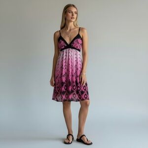 Vintage 90s y2k Fairycore Grunge Pink Black Chiffon Deep V Babydoll Dress